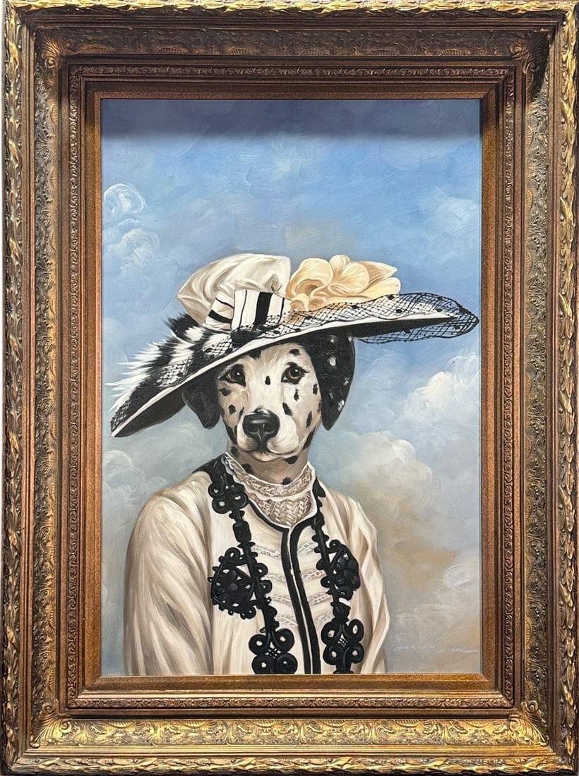 HAND PAINTED ACRYLIC DOG IN A DRESS AND GRAND HAT: HAND PAINTED ACRYLIC ON CANVAS , DOG IN A DRESS AND GRAND HAT. Height: 48 in. by Width: 36 in. by Depth: 1 IN.