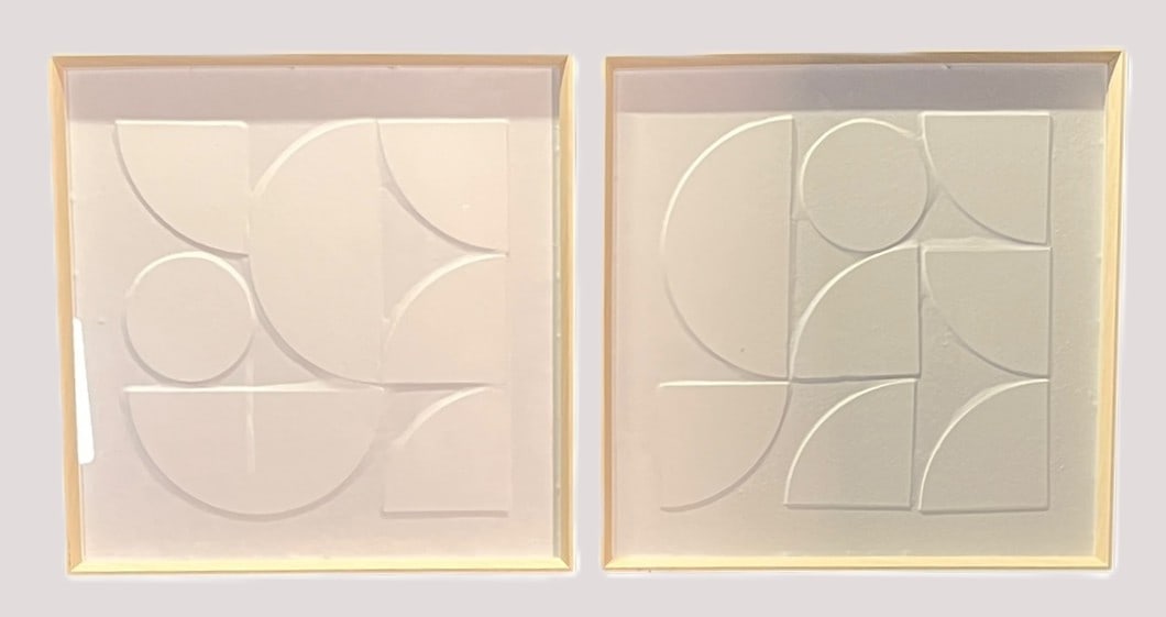 PAIR MODERN MIXED MEDIA PRINTS: PAIR MODERN MIXED MEDIA PRINTS Height: 25 in. by Width: 25 in. by Depth: 2 in.