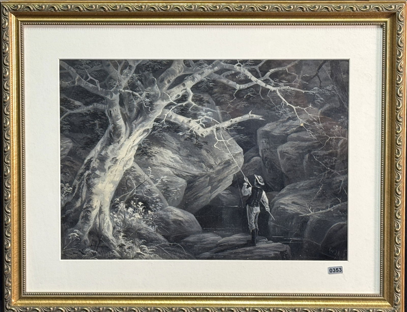 "THE TROUT STEAM," PAINTING BY RICHARD WILKIE: BLACK AND WHITE "THE TROUT STEAM, VERMONT" PAINTING BY RICHARD WILKIE Height: 17.5 in. by Width: 22 in. by Depth: 1 IN.