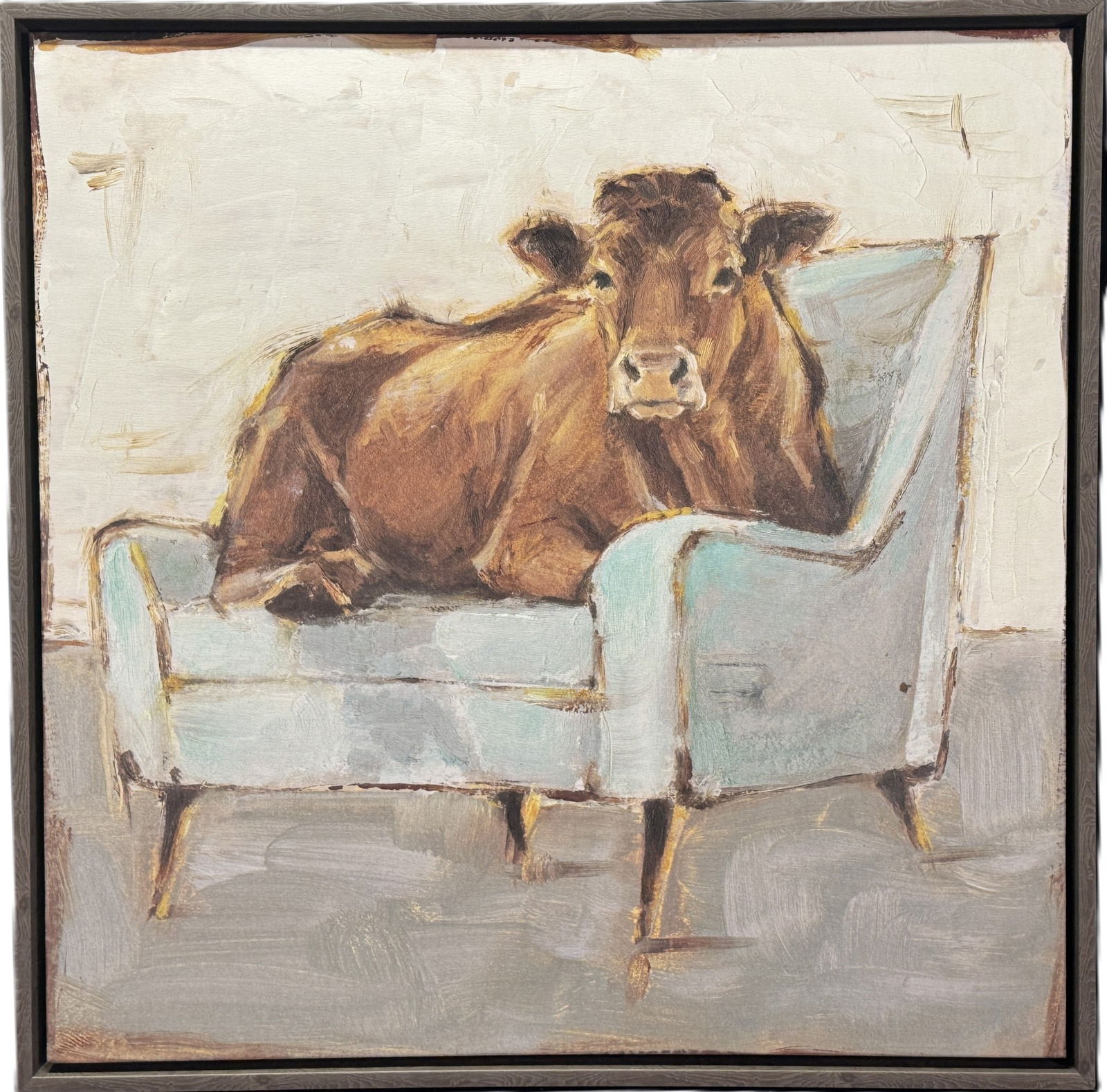 COW RESTING ON BLUE COUCH PRINT ON CANVAS: COW RESTING ON BLUE COUCH PRINT ON CANVAS Height: 38 in. by Width: 38 in.