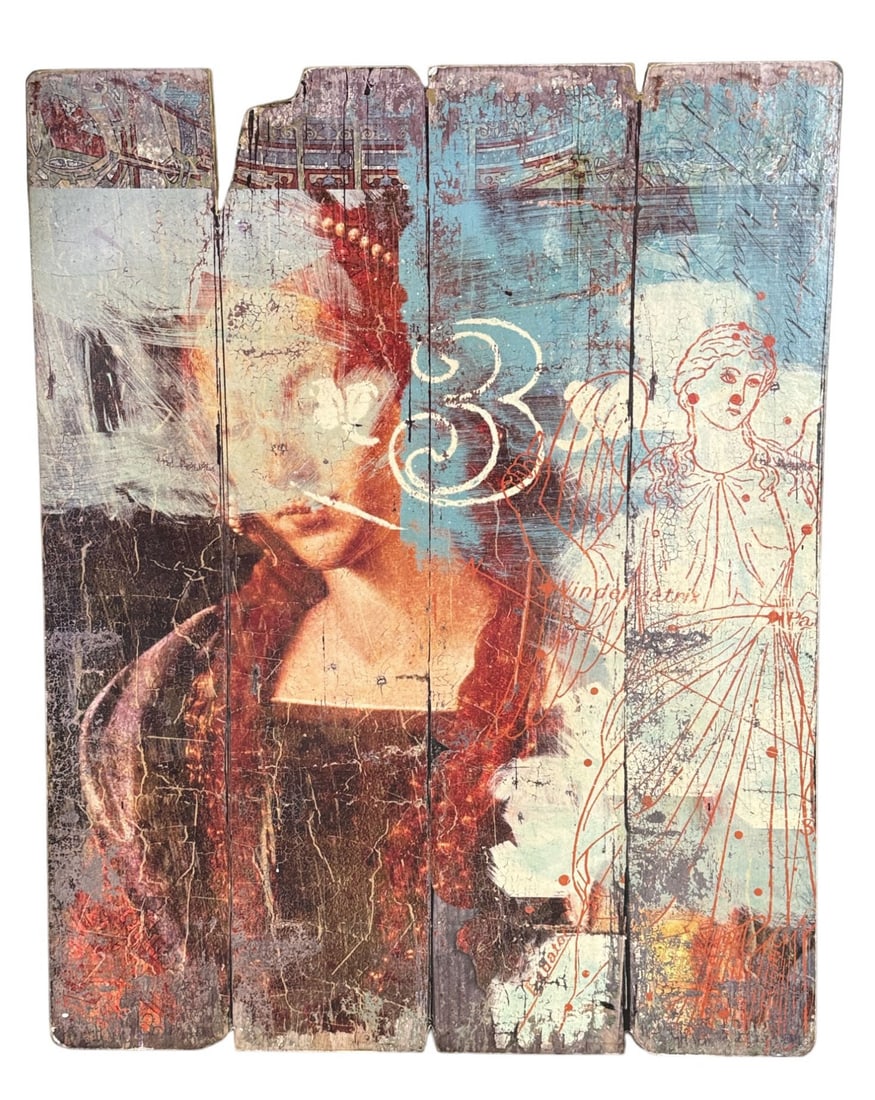 LA MONTE ABSTRACT FRENCH PAINTING ON WOODEN PANELS: LA MONTE ABSTRACT FRENCH PAINTING ON WOODEN PANELS, 2015. HOUSTON ARTIST. Height: 28 in. by Width: 22.25 in. by Depth: 1.25 in.