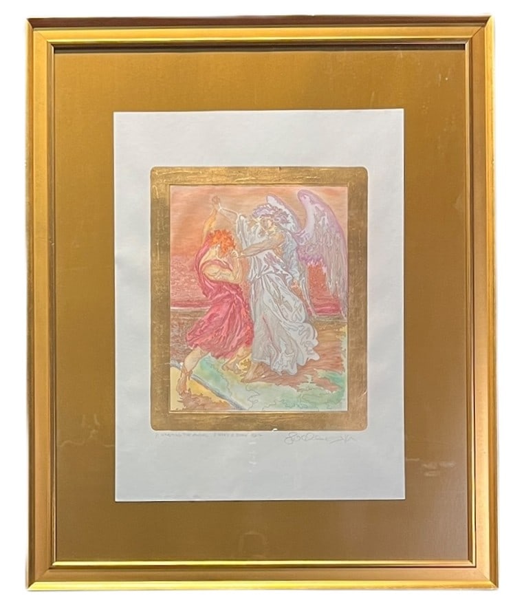"WRESTLING THE ANGEL" ETCHING BY GUILLAME AZOULAY: "WRESTLING THE ANGEL" ETCHING BY GUILLAME AZOULAY. Artist: Guillaume AzoulayTitle: Wrestling the AngelYear: 2017Medium: Gold leaf silkscreen etchingEdition: Unique work (1/1)Authenticity: Certificate