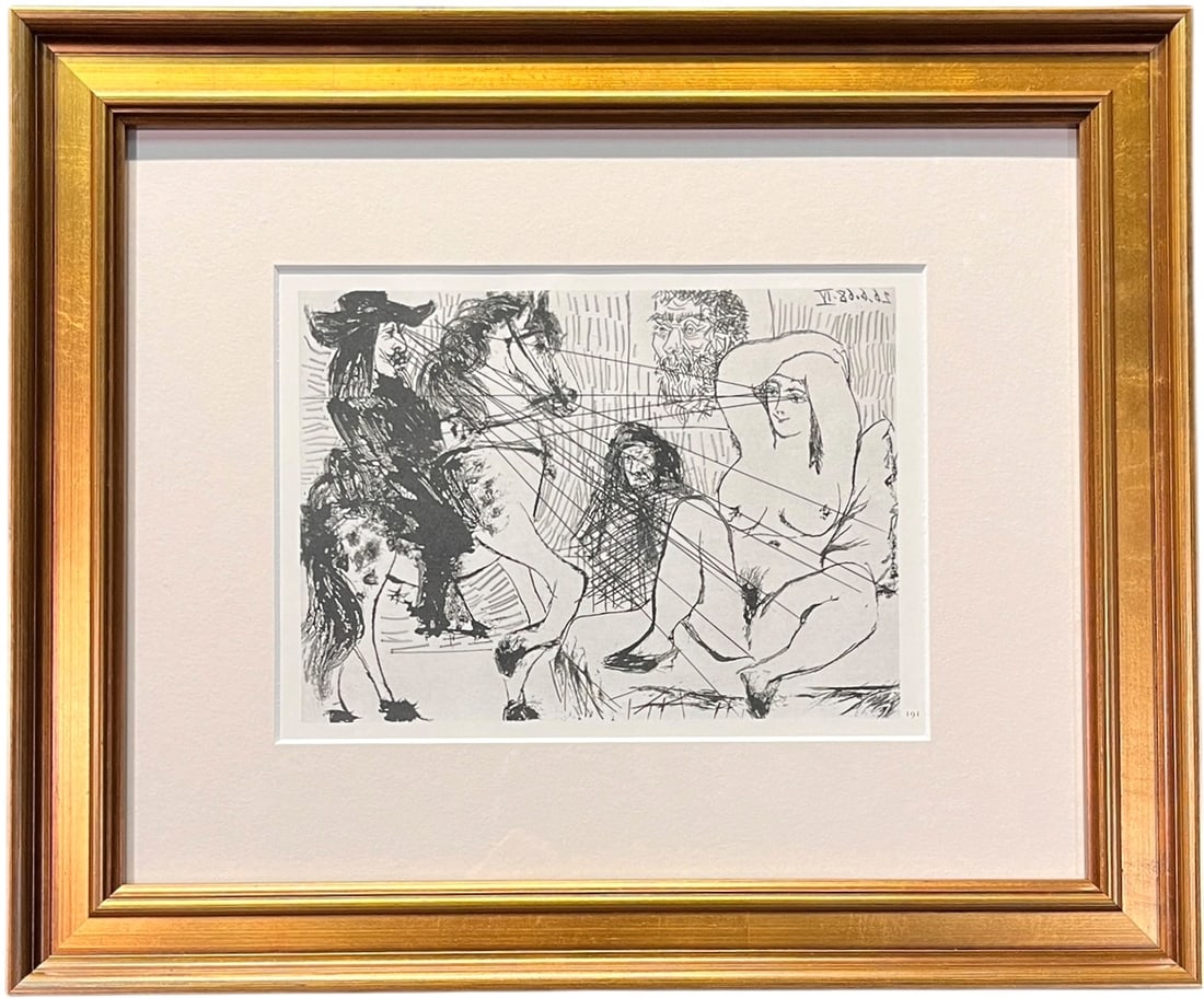 PABLO PICASSO OFFSET HELIOGRAVURE "EXCHANGING: PABLO PICASSO OFFSET HELIOGRAVURE "EXCHANGING GLANCES"Artist: After Pablo Picasso.Medium: Offset Lithograph.Title: El Arrastre, avec ?cuy?re et Putto, From The 347 Series.Size: 6" x 8". Measures appro