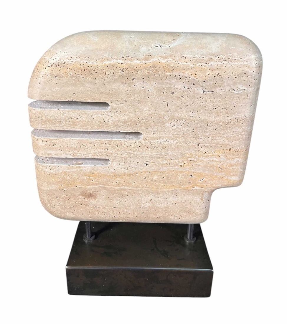 CONTEMPORARY TRAVERTINE SCULPTURE ON METAL BASE (1 of 3)
