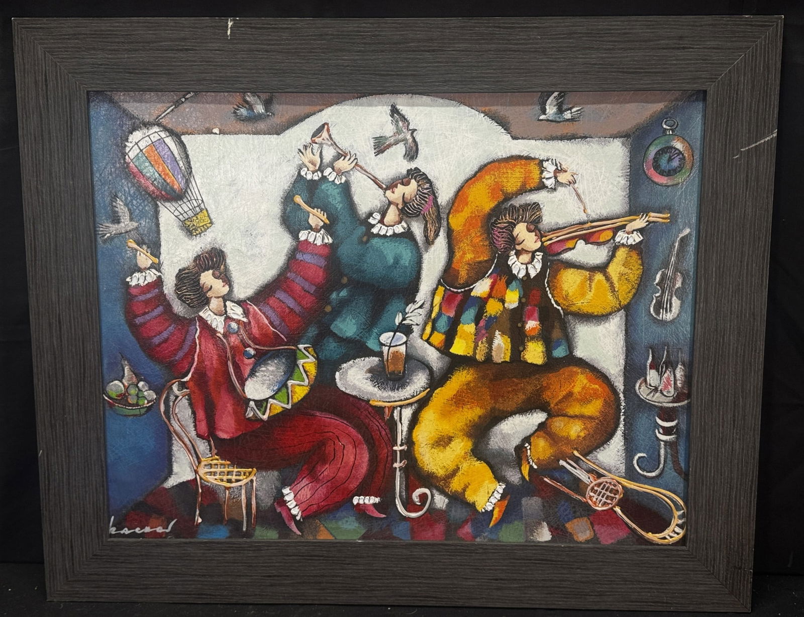 MAKING MUSIC BY MICHAEL KACHAN: MAKING MUSIC BY MICHAEL KACHAN. Artist: Michael KachanTitle: "Making Music"Medium: Hand embellished Giclee on Canvas, signed lower left side(or Oil on Canvas)Size: 26 X 31 with frameHis colors are vib