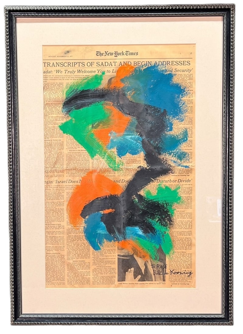 WILLEM DE KOONING (DUTCH/AMERICAN 1904-1997) OIL ON PERSONALIZED NEWSPRINT PAINTING: WILLEM DE KOONING (DUTCH/AMERICAN 1904-1997) OIL ON PERSONALIZED NEWSPRINT PAINTING. 29"H X 20"W X 1"D.