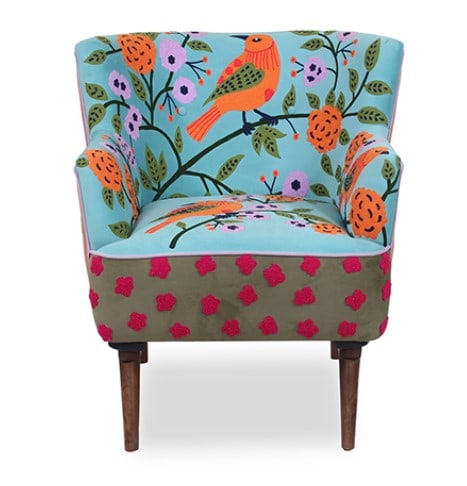 HAND -EMBROIDERED FLORAL CLUB CHAIR: HAND -EMBROIDERED MULTICOLOR FLORAL VELVET UPHOLSTERED CLUB CHAIR. Height: 33 in. by Width: 30 in. by Depth: 32 in.