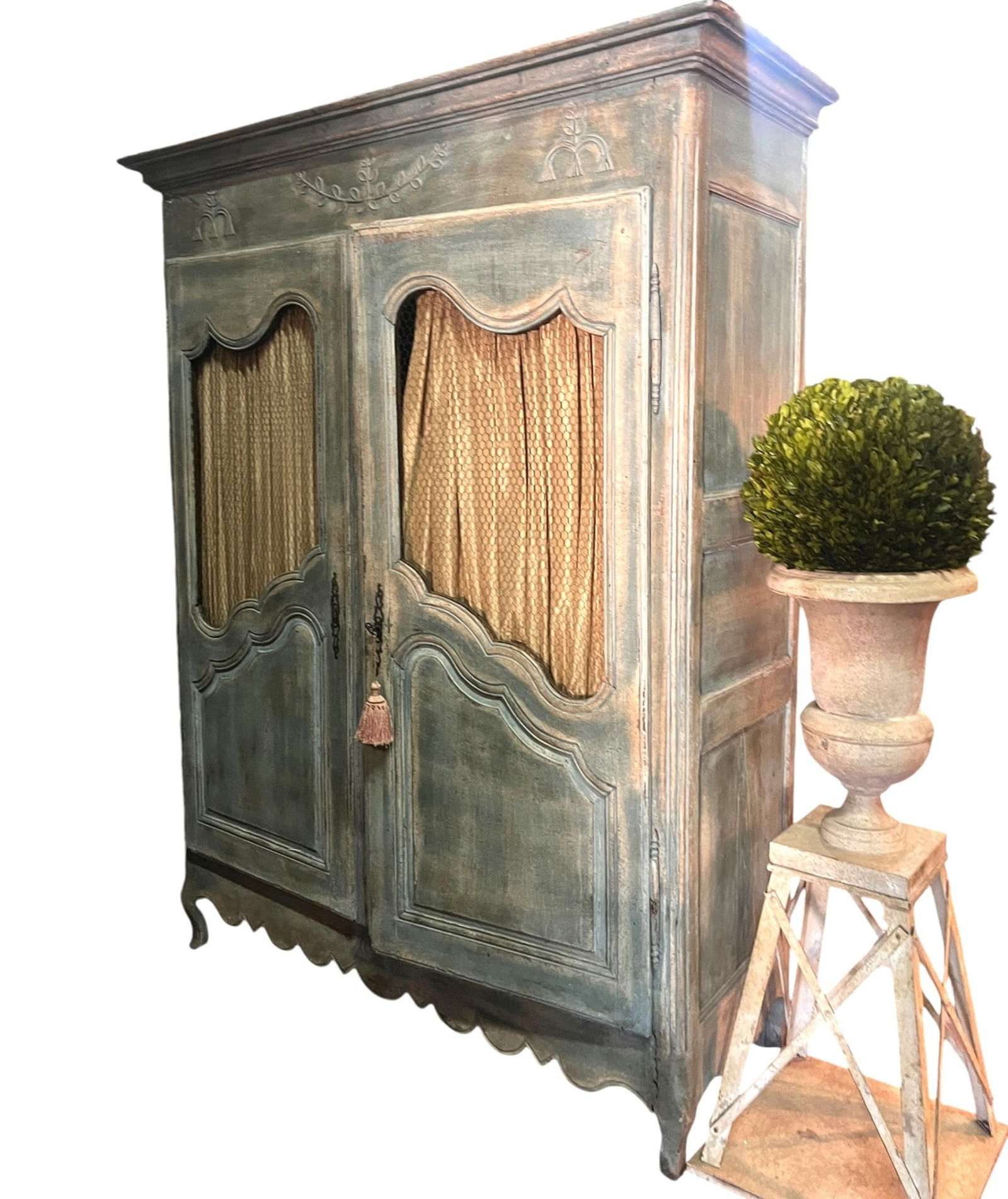 ANTIQUE FRENCH DISTRESSED BLUE FINISH ARMOIRE: ANTIQUE FRENCH DISTRESSED BLUE FINISH ARMOIRE. Height: 82 in. by Width: 64 in. by Depth: 25 in.