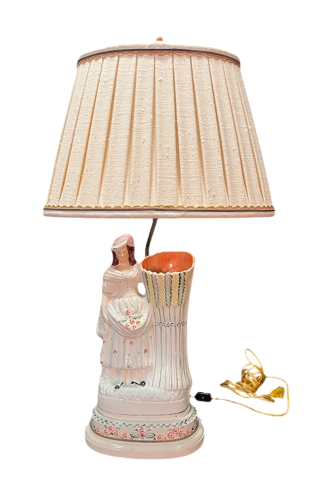 ENGLISH STAFFORDSHIRE LAMP: ENGLISH STAFFORDSHIRE LAMP. Height: 21 in. by Width: 10 in. by Depth: 9 in.