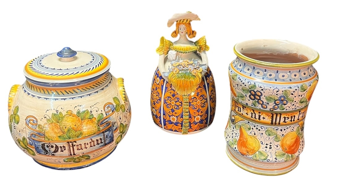 THREE ITALIAN CERAMIC DECORATIVE PIECES: THREE ITALIAN CERAMIC DECORATIVE PIECES. Height: 12 in. by Width: 9 in. by Depth: 9 in.
