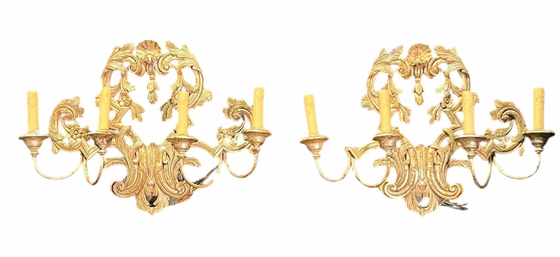 PAIR OF VINTAGE 1960's ROCOCO STYLE FOUR-: PAIR OF VINTAGE 1960's ROCOCO STYLE FOUR- LIGHT SCONCES. Height: 18 in. by Width: 25 in. by Depth: 5 IN.
