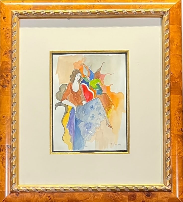 SEATED WOMAN LITHOGRAPH BY ITZCHAK TARKAY: SEATED WOMAN LITHOGRAPH BY ITZCHAK TARKAY. FRAMED IN GOLD AND BURLED WOOD FRAME Height: 26 in. by Width: 23 in.