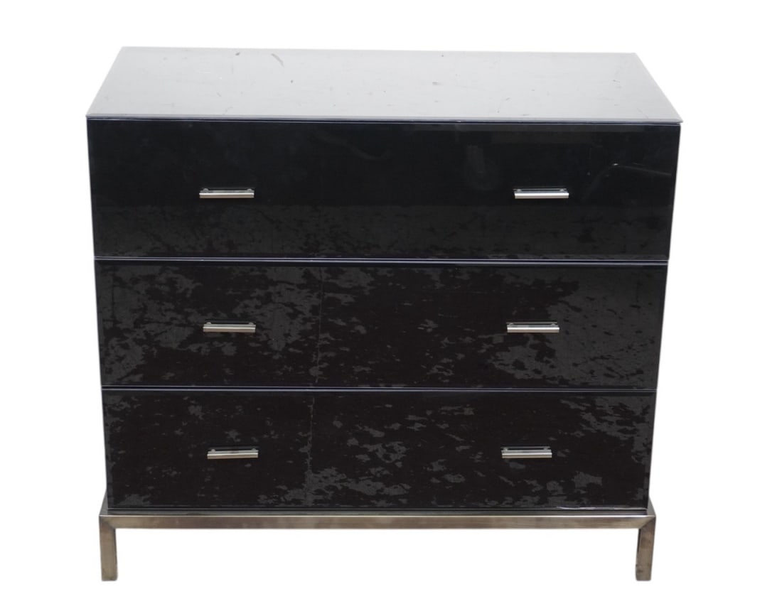 CONTEMPORARY BLACK MIRRORED CHEST: CONTEMPORARY BLACK MIRRORED CHEST. Height: 31 in. by Width: 34.5 in. by Depth: 17 in.
