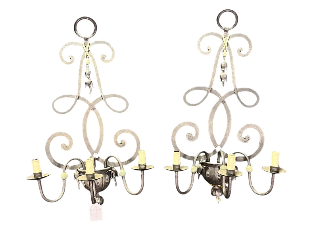 PAIR OF IRON THREE-LIGHT WALL SCONCES (1 of 3)