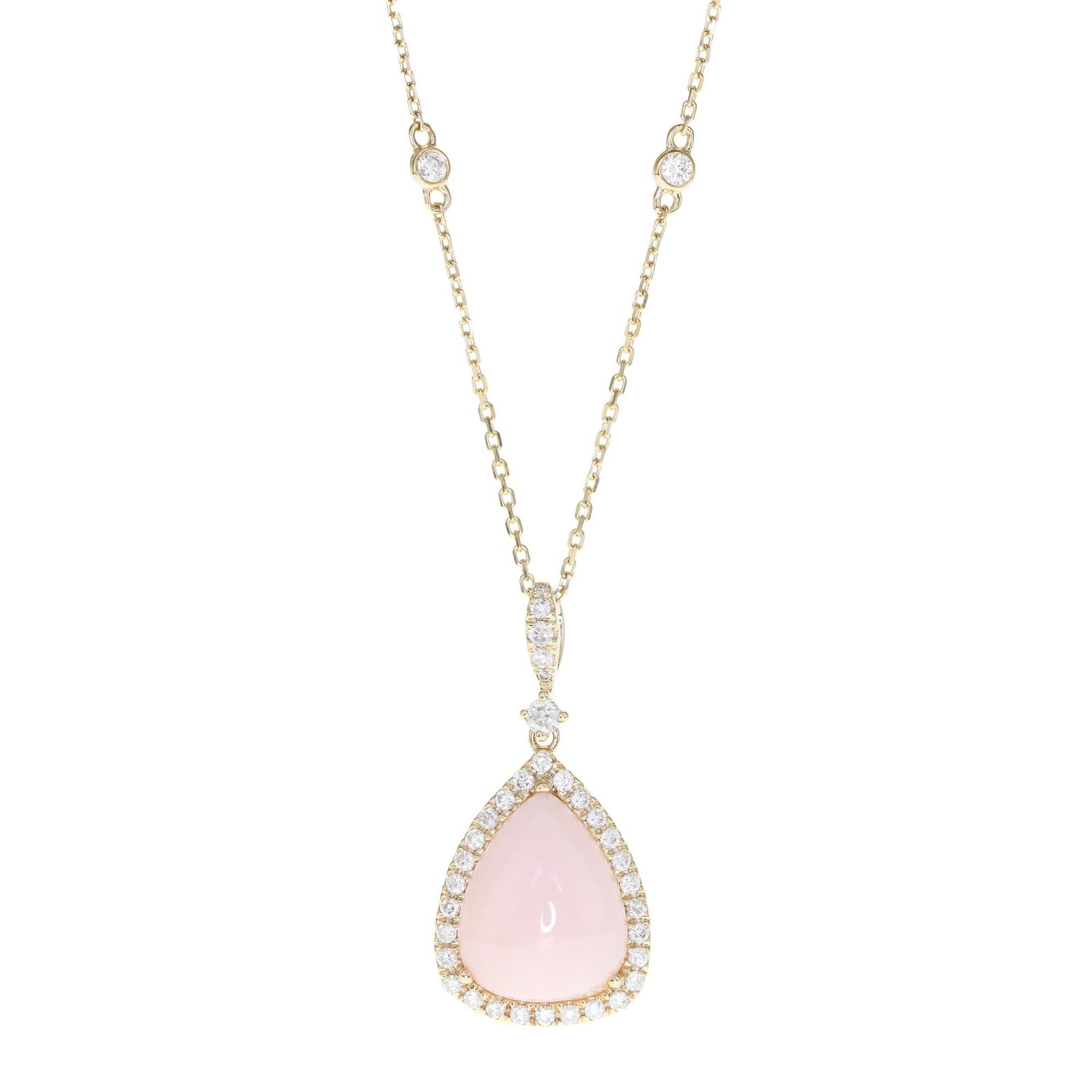 14KT GOLD PINK OPAL & DIAMOND PENDANT/NECKLACE: 14KT YELLOW GOLD PINK OPAL & DIAMOND PENDANT/NECKLACE. 1-PINK OPAL=3.41CTS, 38- DIAMONDS=0.41CTS. 2.48 GRAMS T.W. 16" T.L. PO 1 3.41 QA1490P P2511292 (38) Height: 1 in. by Width: 1/2 in. by Depth: 5/1