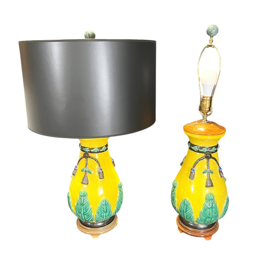PAIR OF ANTIQUE CHINESE CERAMIC VASE LAMPS: PAIR OF ANTIQUE CHINESE CERAMIC VASE LAMPS. INCLUDES SHADES. Height: 29 in. by Width: 9 in. by Depth: 9 in.