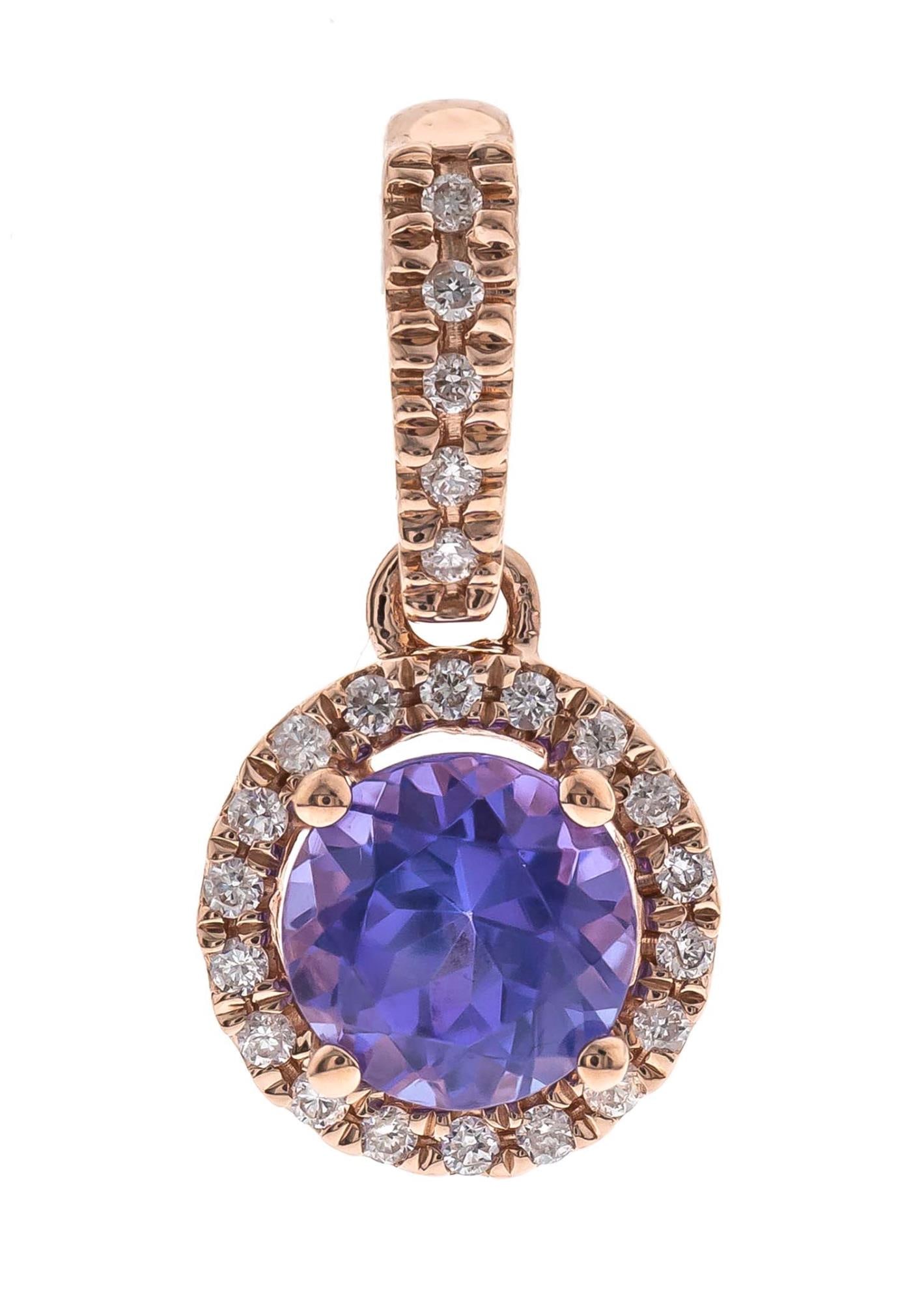 14KT GOLD TANZANITE & DIAMOND PENDANT/NECKLACE: 14KT YELLOW GOLD TANZANITE & DIAMOND PENDANT/NECKLACE. TANZANITE=0.91CTS, 23- DIAMONDS=0.12CTS. 1.76 GRAMS T.W. MIN 0.60*** GJ10409P P1200299 (20) Height: 5/8 in. by Width: 5/16 in. by Depth: 1/8