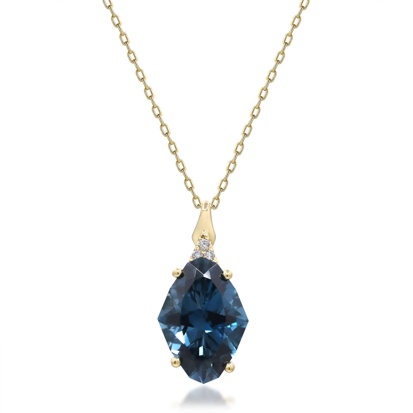 14KT GOLD LONDON BLUE TOPAZ & DIAMONDS PENDANT: 14KT YELLOW GOLD LONDON BLUE TOPAZ & DIAMONDS PENDANT/NECKLACE. LONDON BLUE TOPAZ=5.68CTS, 5-DIAMONDS=0.05CTS. 1.10 GRAMS T.W. MIN 5.40 GJ19484P P2311702 (18) Height: 3/4 in. by Width: 3/8 in. by Dept
