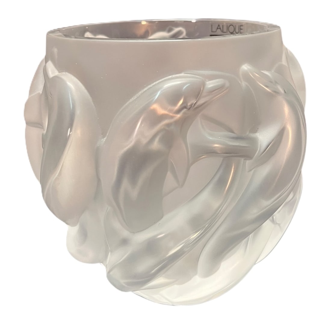 LALIQUE CRYSTAL DOLPHIN VASE: LALIQUE CRYSTAL DOLPHIN VASE. Height: 7 in. by Width: 6.5 in. by Depth: 6.5 in.