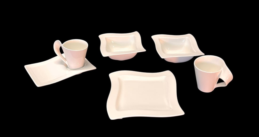 VILLEROY AND BOCH WHITE CHINA SET: VILLEROY AND BOCH WHITE CHINA SET. INCLUDES 10 MUGS, 10 BOWLS SERVERS, 10 SMALL PLATTERS, 2 LARGE PLATTERS. Height: 9 in. by Width: 9 in. by Depth: 5 IN.