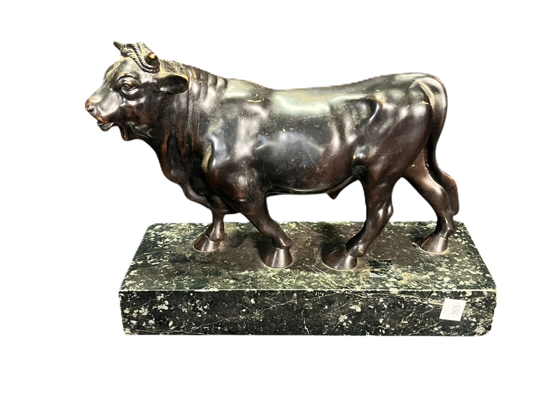 BRONZE BULL SCULPTURE BY MAX BERGMAN, VIENNA: BRONZE BULL SCULPTURE BY MAX BERGMAN, VIENNA. Height: 10 in. by Width: 12 in. by Depth: 4.5 in.