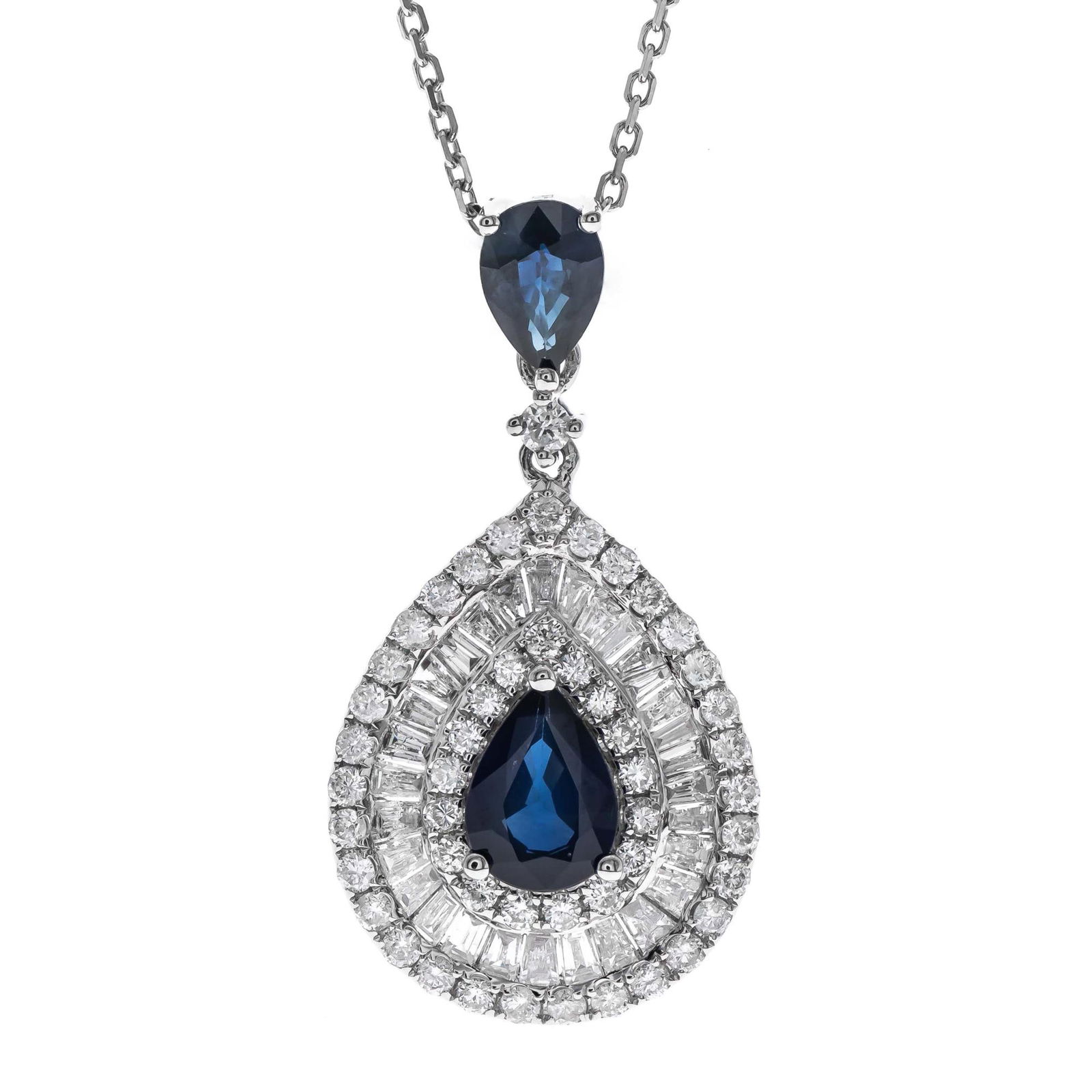 14KT WHITE GOLD BLUE SAPPHIRE & DIAMOND PENDANT: 14KT WHITE GOLD BLUE SAPPHIRE & DIAMOND PENDANT/NECKLACE. BLUE SAPPHIRE=0.85CTS, SAPPHIRE=0.49CTS, 51-DIAMONDS=0.55CTS, 32-BAGUETTES=0.42CTS. 2.26 GRAMS T.W. MIN 0.75 TW2841P P2311268 (74)