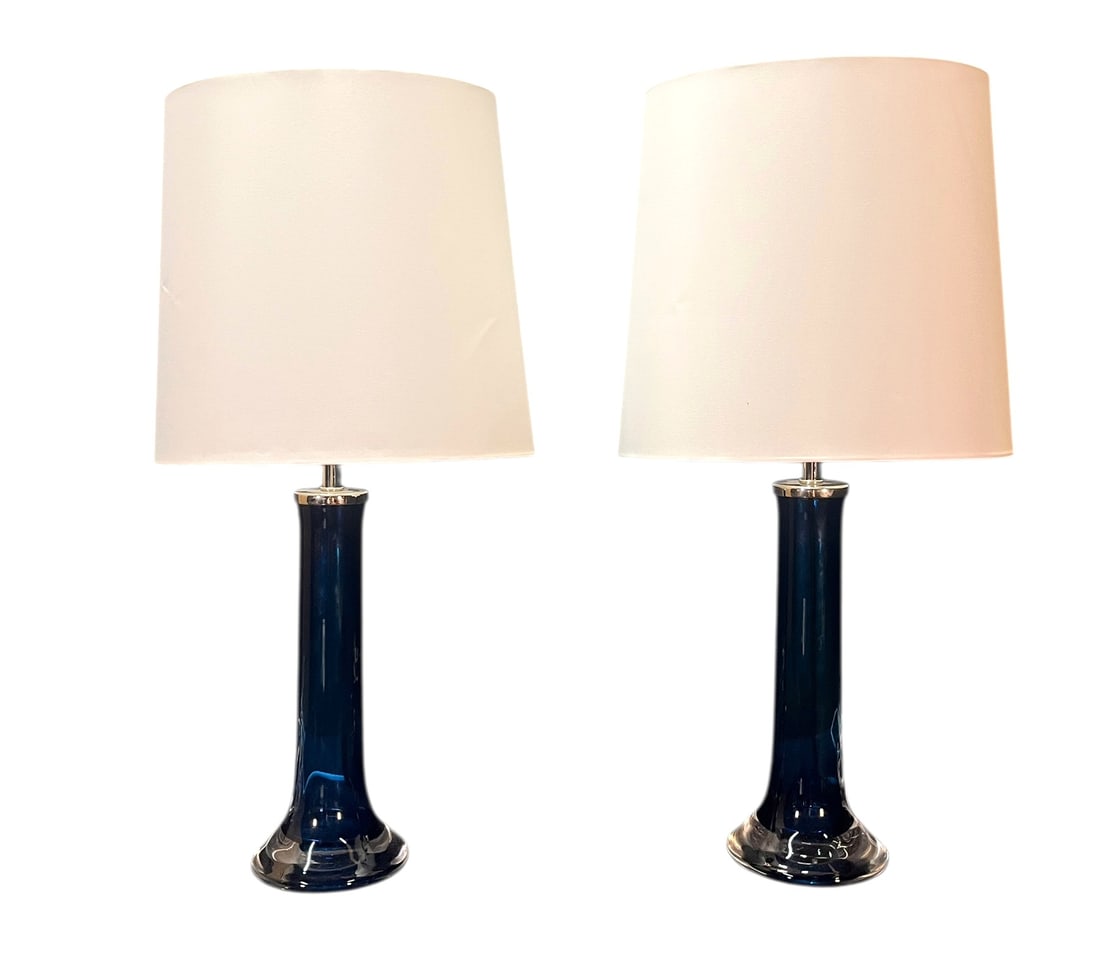 PAIR OF BLUE MURANO GLASS LAMPS: PAIR OF BLUE MURANO GLASS LAMPS. Height: 28 in. by Width: 6.5 in. by Depth: 6.5 in.