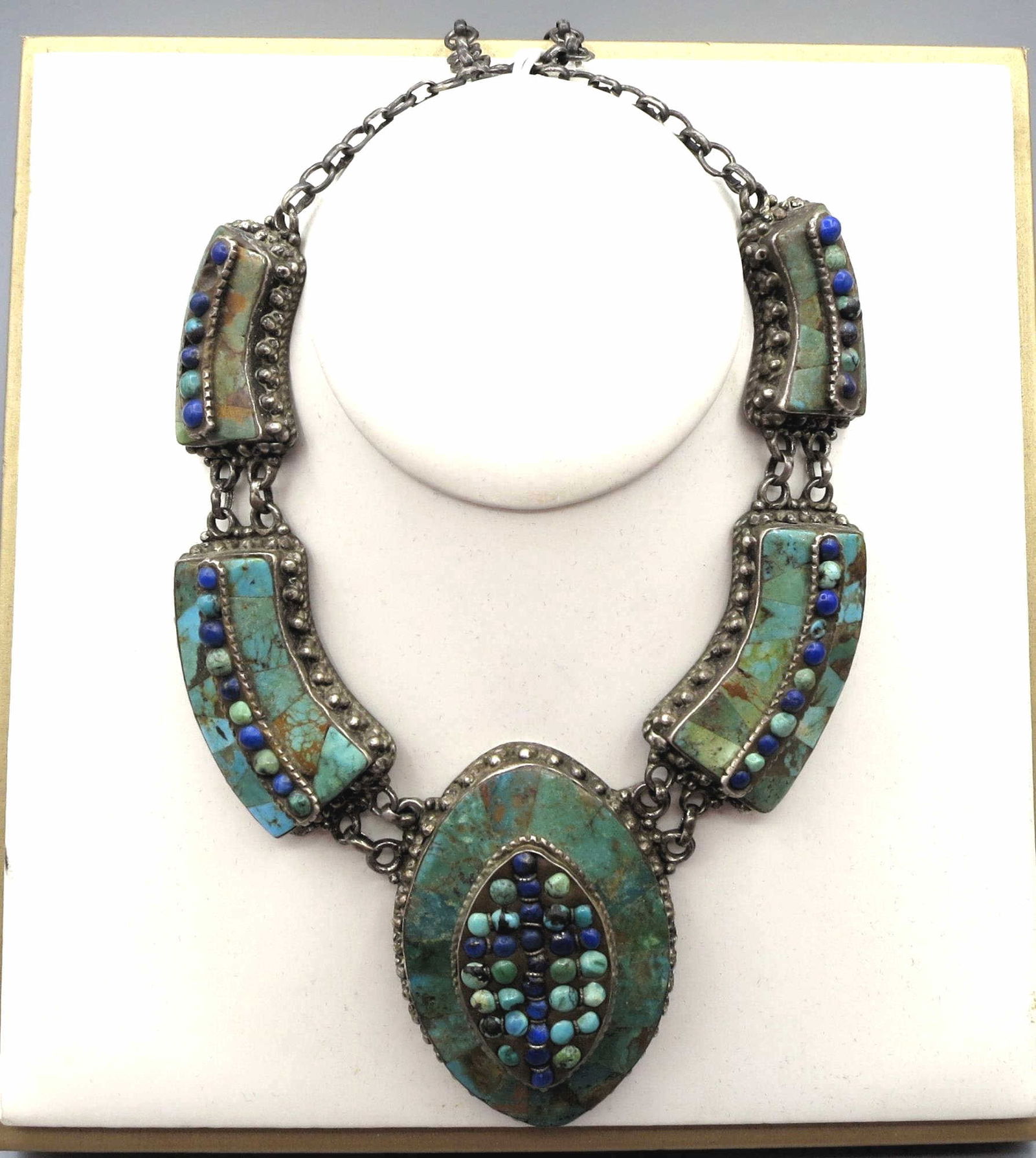 TURQUOISE, LAPIS & SILVER NECKLACE: TURQUOISE, LAPIS & SILVER NECKLACE. 16" T. L.