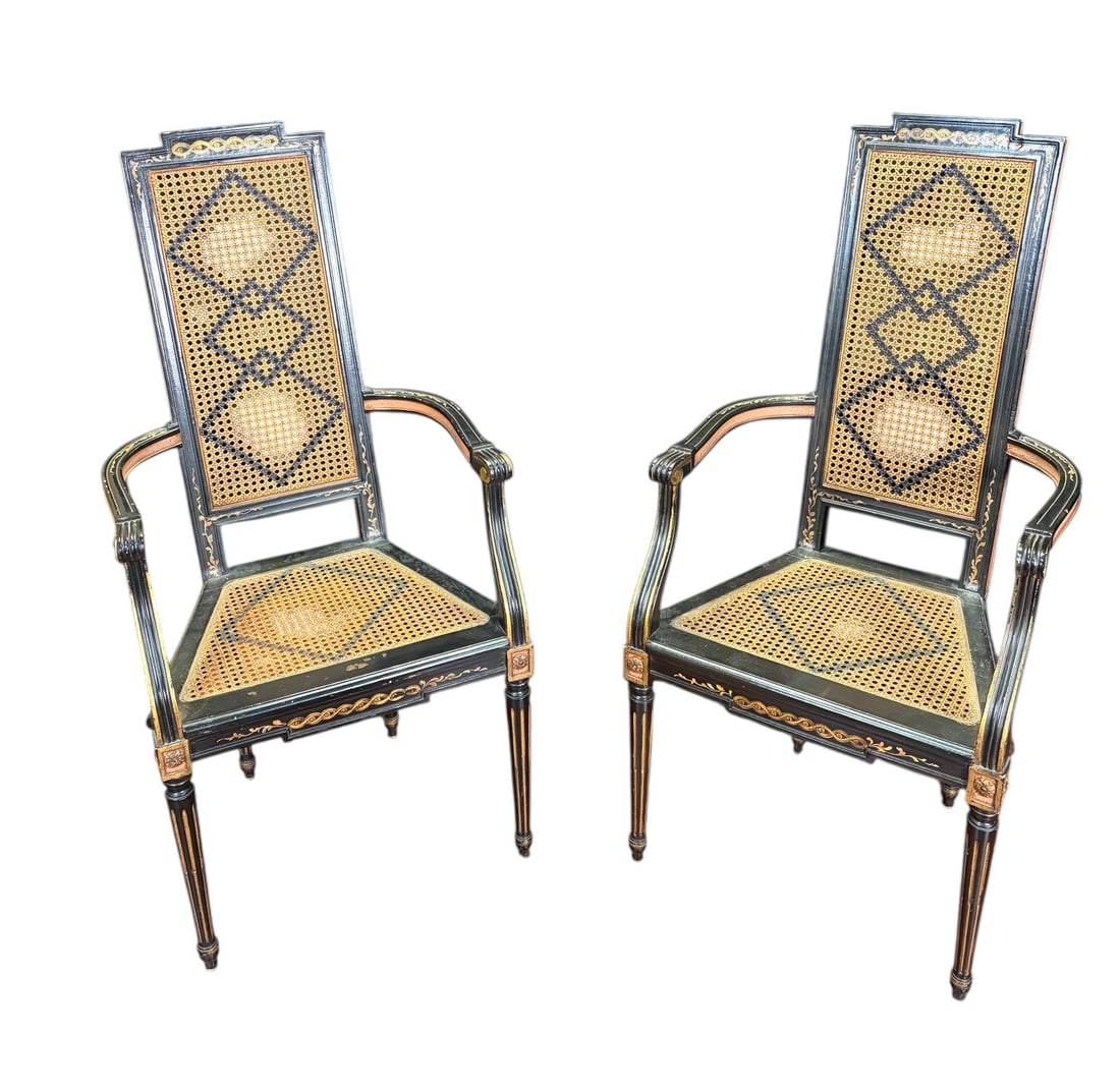 PAIR OF ANTIQUE FRENCH BLACK DIAMOND CANE CHAIRS: PAIR OF ANTIQUE FRENCH BLACK DIAMOND CANE CHAIRS. Height: 46 in. by Width: 22.5 in. by Depth: 17.5 in.