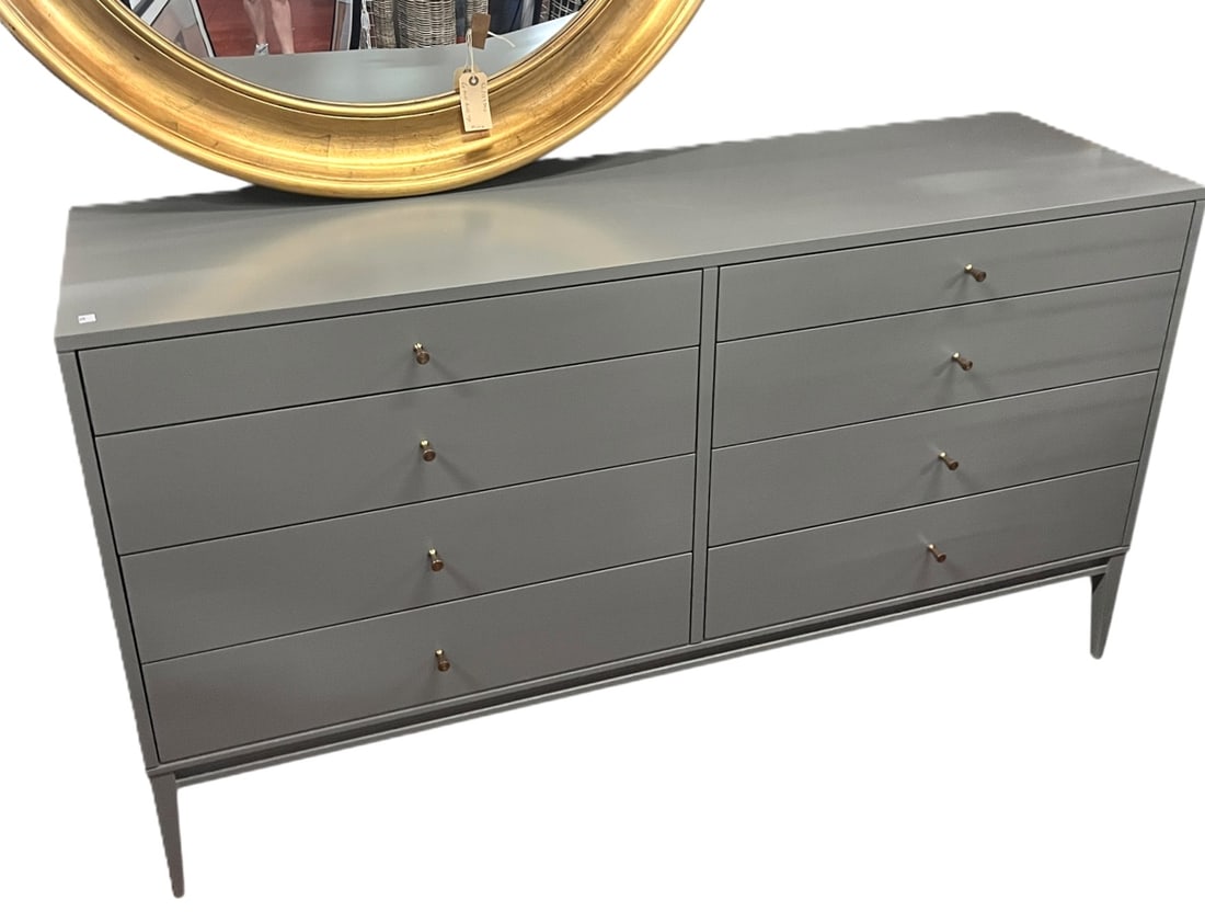 CONTEMPORARY GRAY CHEST WITH BRASS PULLS: CONTEMPORARY GRAY CHEST WITH BRASS PULLS. Height: 33.5 in. by Width: 60 in. by Depth: 18 in.