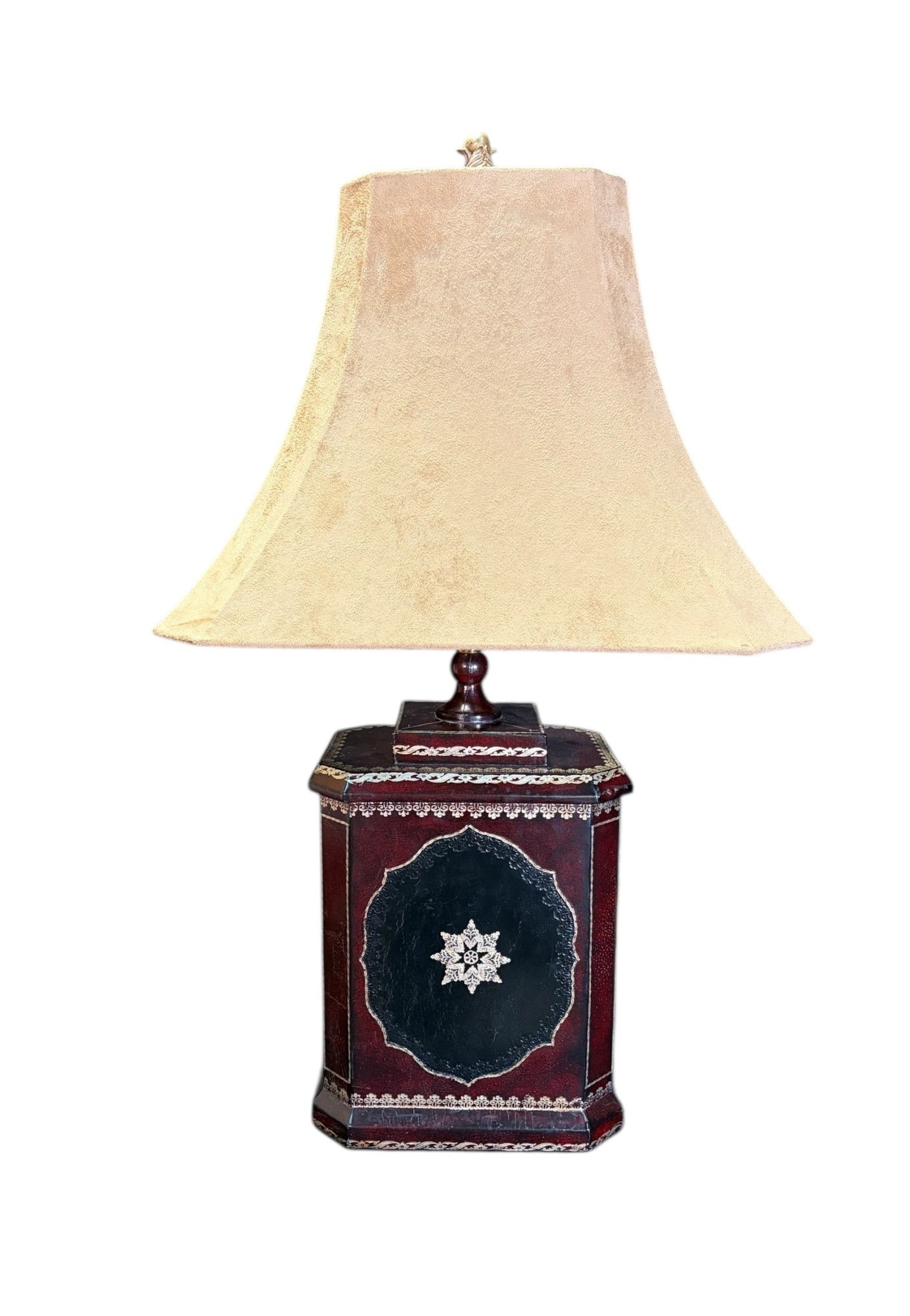 MAITLAND-SMITH LEATHER LAMP WITH SUEDE SHADE: MAITLAND-SMITH LEATHER LAMP WITH SUEDE SHADE. Height: 30 in. by Width: 10 in. by Depth: 7 in.