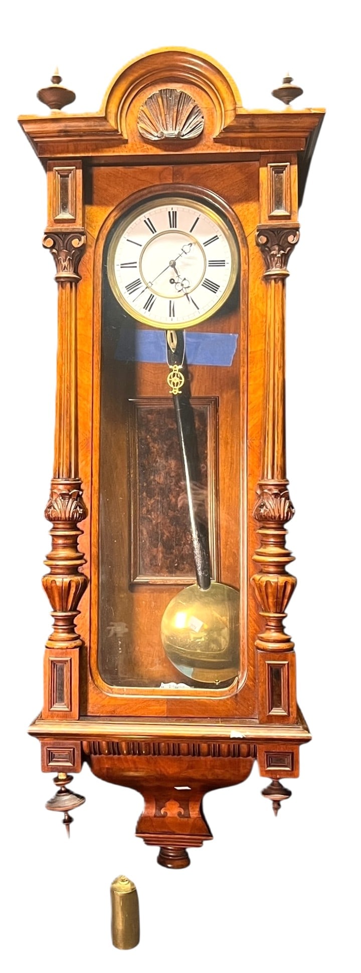 ANTIQUE WOODEN REGULATOR WALL CLOCK: ANTIQUE WOODEN REGULATOR WALL CLOCK. Height: 23 in. by Width: 21 in.