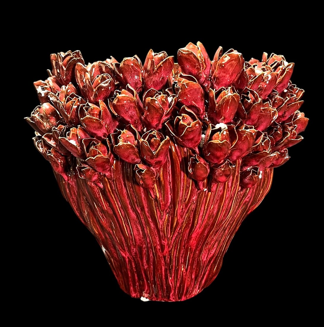 ARDEN RUBY CERAMIC ART VASE: ARDEN RUBY CERAMIC ART VASE. Height: 13 in. by Width: 14.5 in. by Depth: 14.5 in.