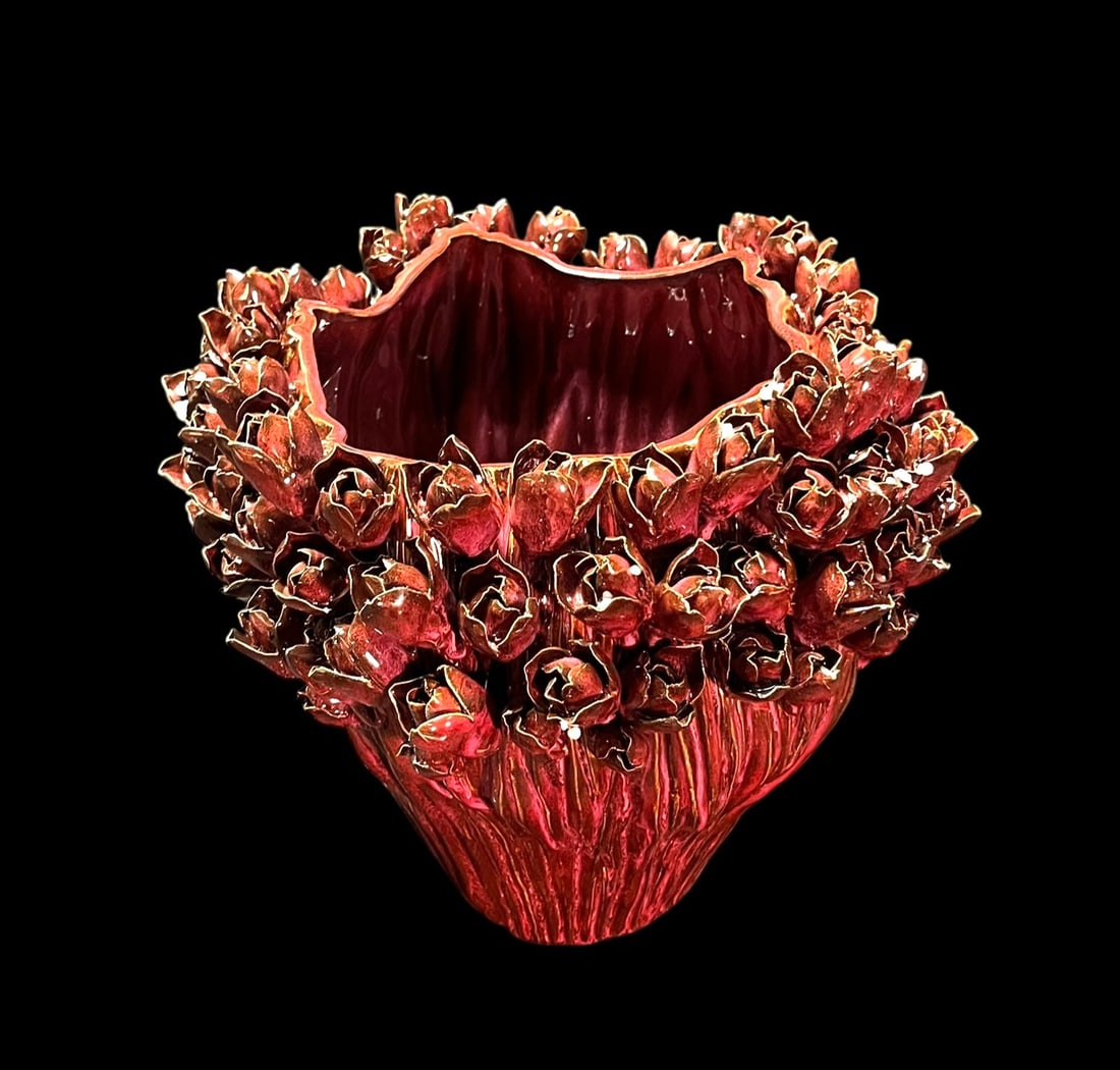 ARDEN RUBY CERAMIC VASE: ARDEN RUBY CERAMIC VASE. Height: 13 in. by Width: 14.5 in. by Depth: 14.5 in.