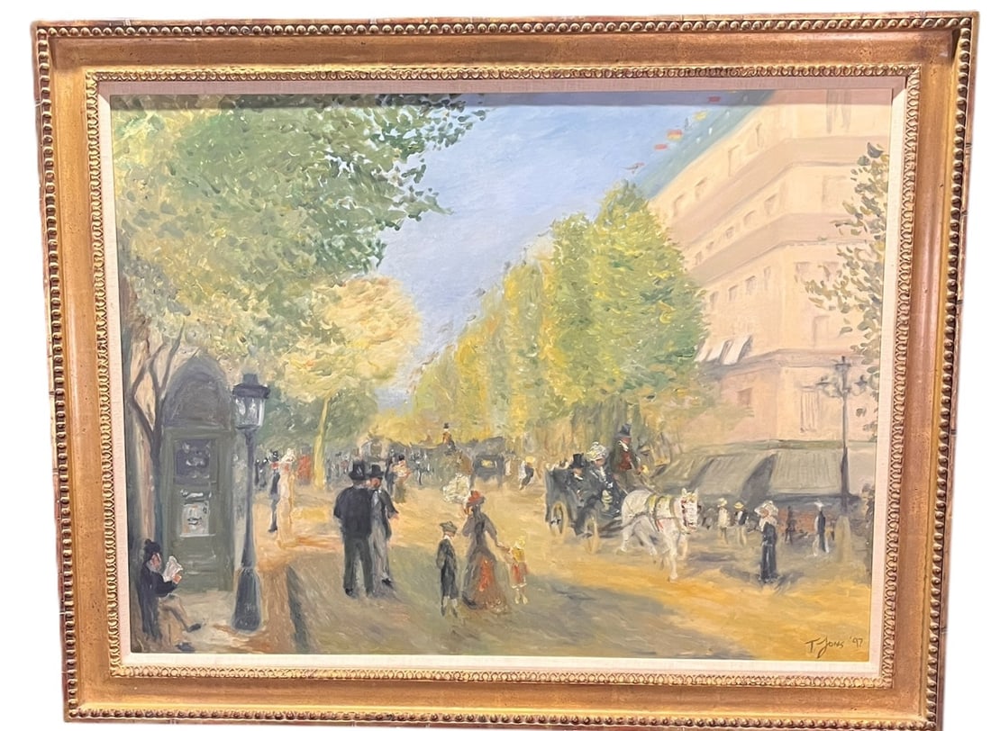 CITY STREETS PAINTING SIGNED BY T. JONES: CITY STREETS PAINTING SIGNED BY T. JONES. Height: 37 in. by Width: 46.5 in. by Depth: 2 in.
