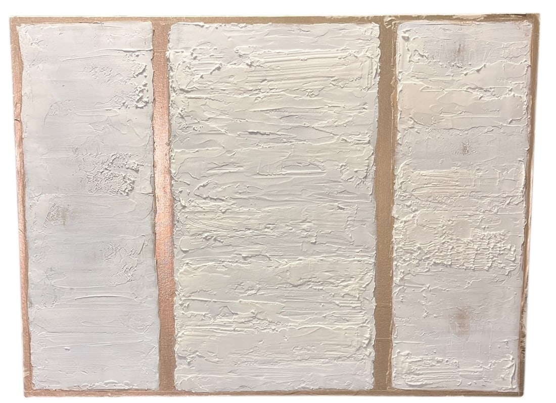 MODERN WHITE AND GOLD ABSTRACT PAINTING: MODERN WHITE AND GOLD ABSTRACT PAINTING. Height: 30 in. by Width: 40 in. by Depth: 2 in.