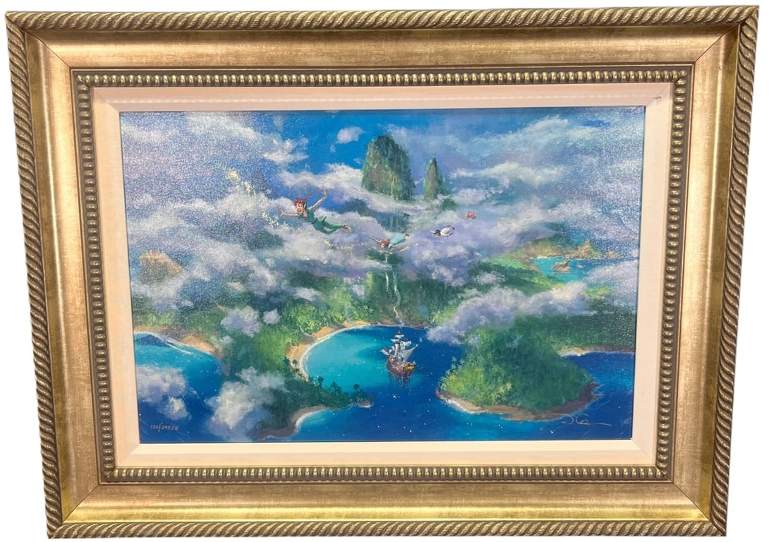 JAMES COLEMAN "FIRST LOOK AT NEVERLAND" GICLEE: JAMES COLEMAN "FIRST LOOK AT NEVERLAND" GICLEE IN COLOR ON CANVAS, 2005. SIGNED IN PIGMENT BY DISNEY ARTIST JAMES COLEMAN LOWER RIGHT AND NUMBERED. COMES WITH PARKWEST APPRAISAL. Height: 27 & 18