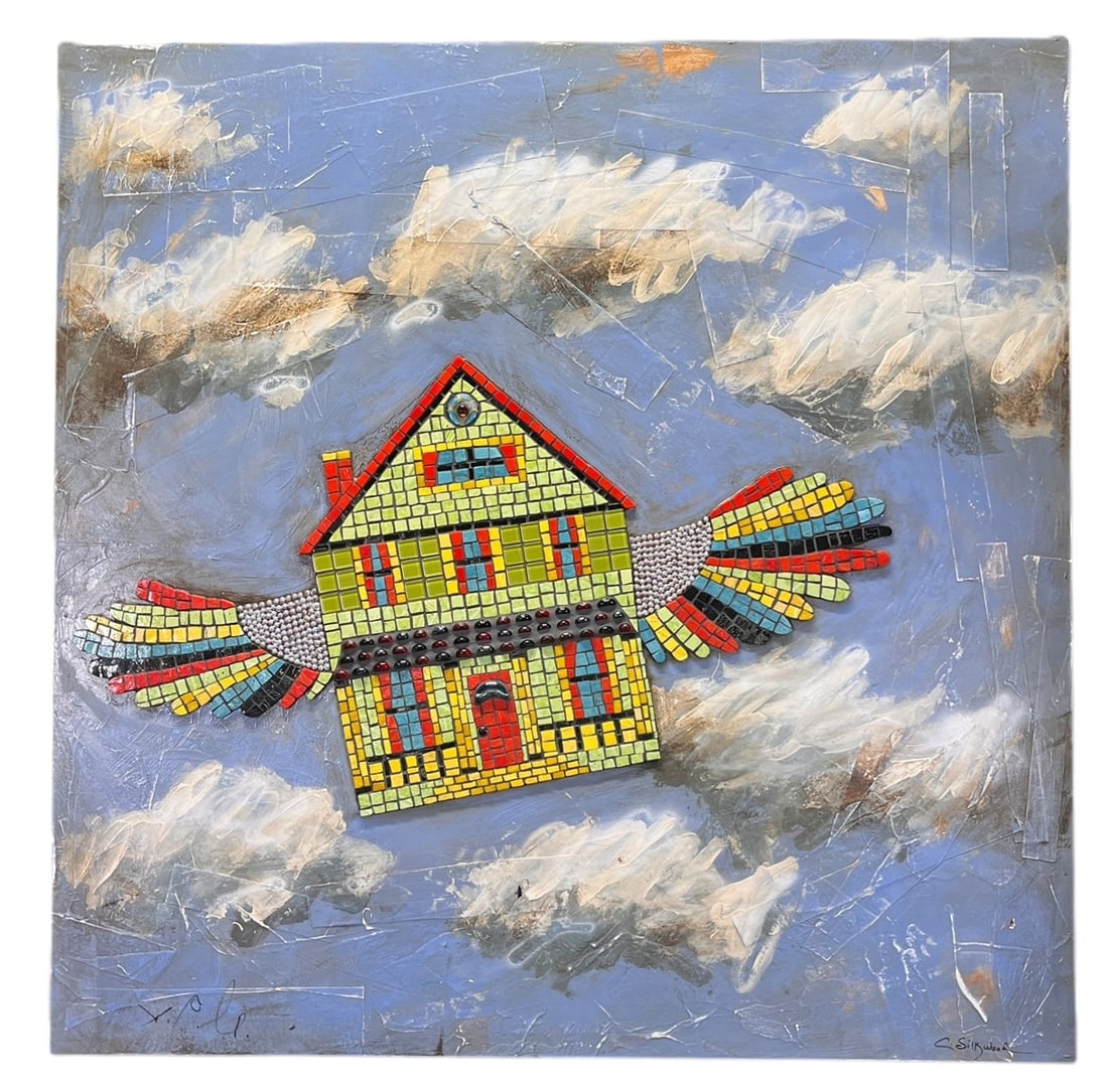 MIXED MEDIA FLYING HOUSE PAINTING: MIXED MEDIA FLYING HOUSE PAINTING. Height: 48 in. by Width: 48 in. by Depth: 2 in.