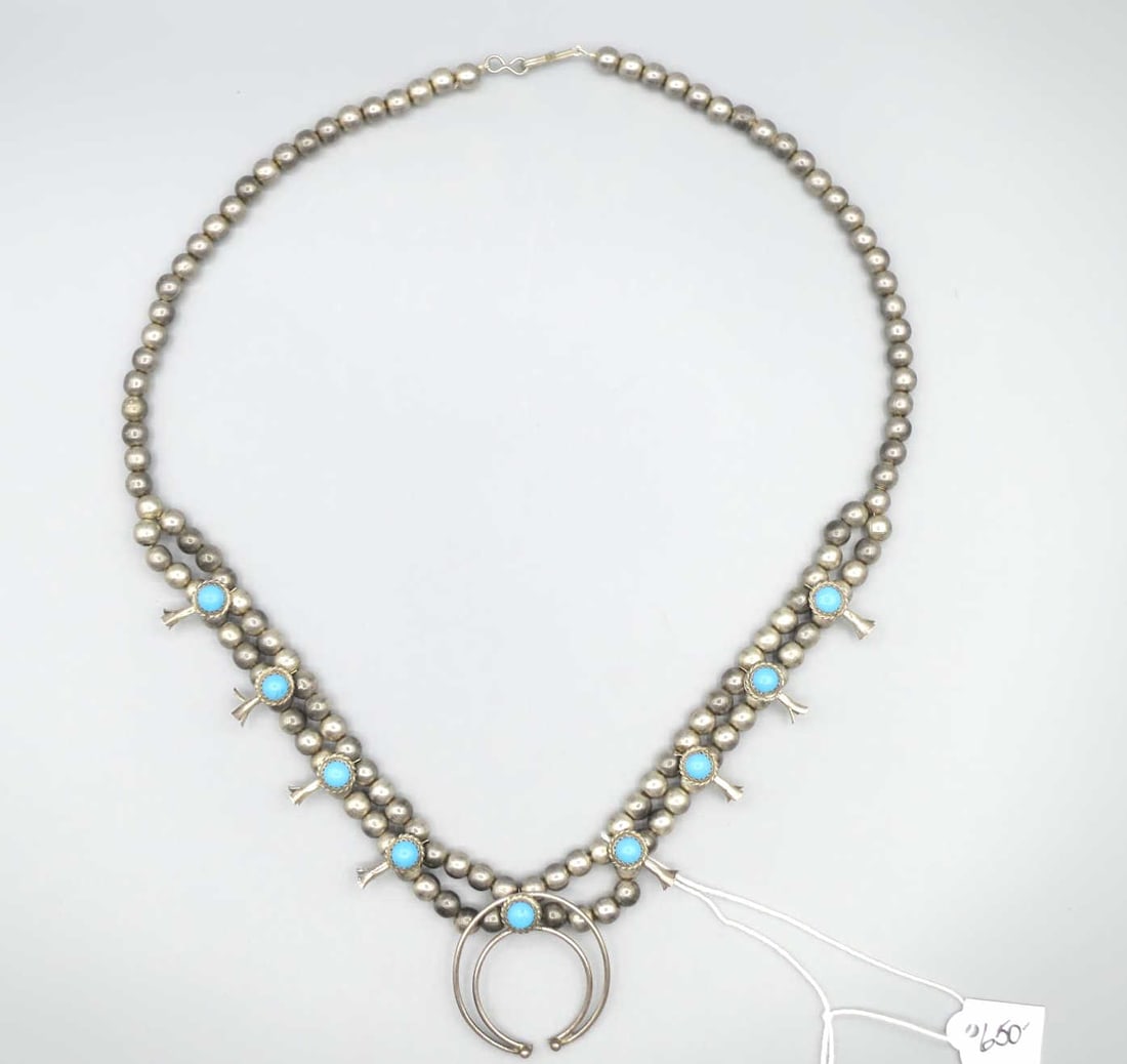 STERLING SILVER & TURQUOISE SQUASH NECKLACE: STERLING SILVER & TURQUOISE SQUASH NECKLACE. 18" T. L.