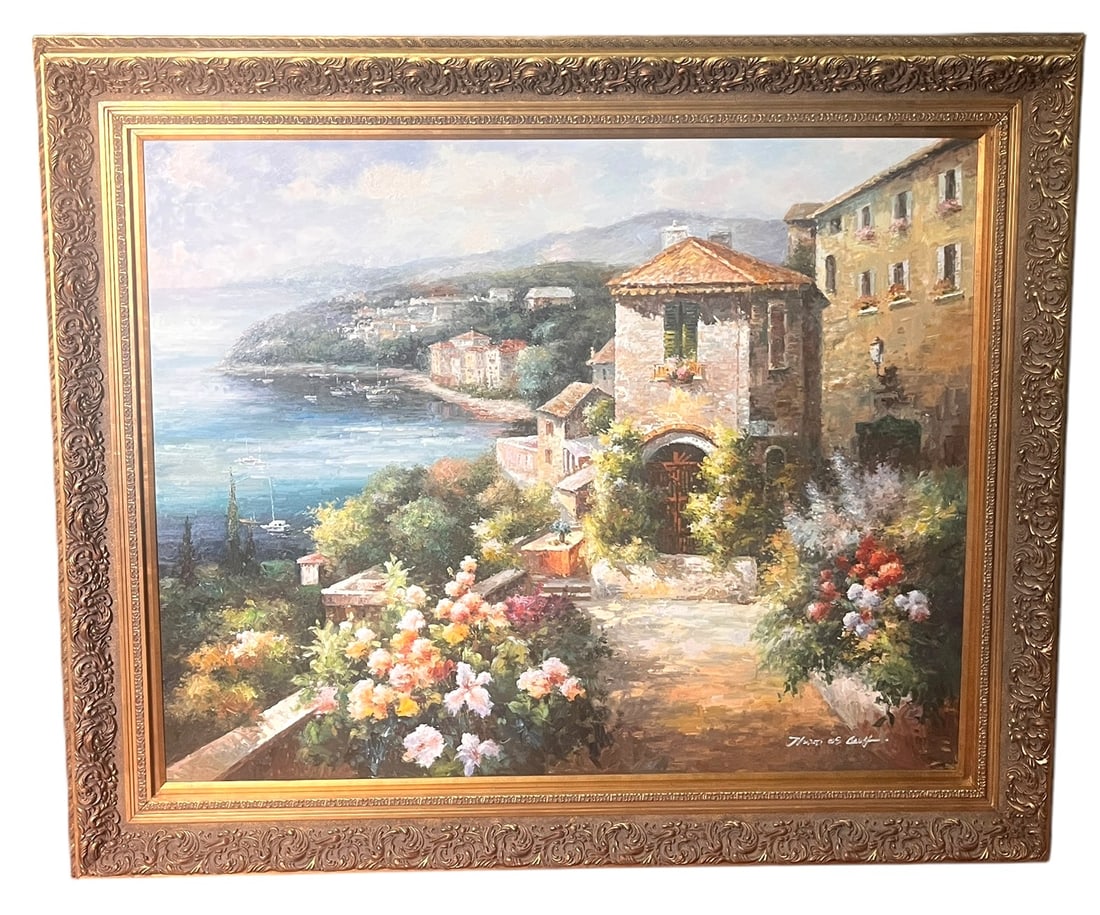 VILLAGE/SEASCAPE PAINTING ON CANVAS: VILLAGE/SEASCAPE PAINTING ON CANVAS IN GILDED FRAME. Height: 62.5 in. by Width: 73.5 in.