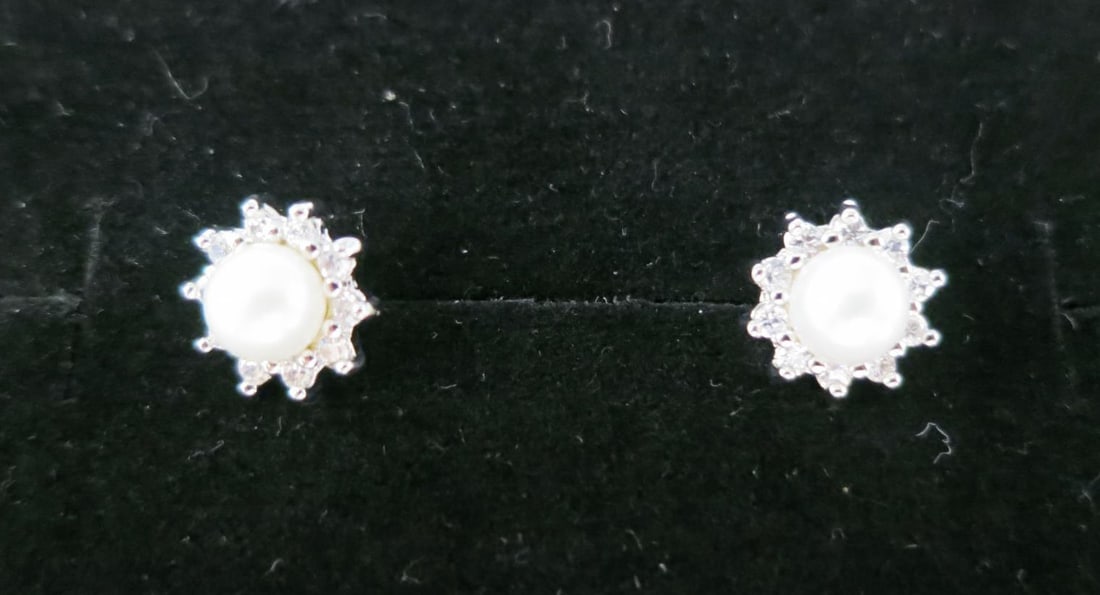 PAIR OF FAUX PEARL PAVE TOPAZ STERING EARRINGS: PAIR OF FAUX PEARL PAVE WHITE TOPAZ STERING EARRINGS. Height: 5/16 in. by Width: 5/16 in. by Depth: 5/16 in.