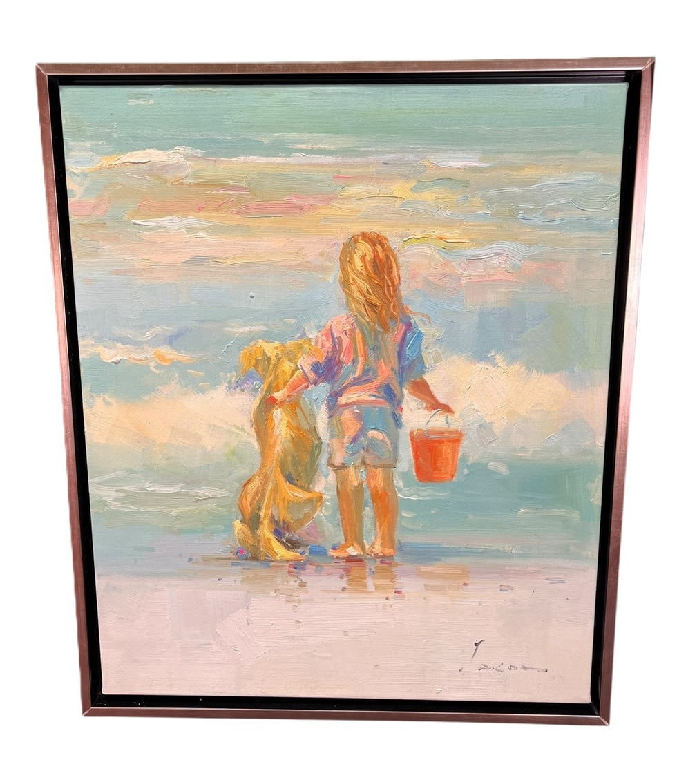 HAND PAINTED GIRL ON BEACH, SIGNED BY ARTIST: HAND PAINTED GIRL ON BEACH W/ DOG, SIGNED LOWER RIGHT. Height: 26 in. by Width: 21.5 in.