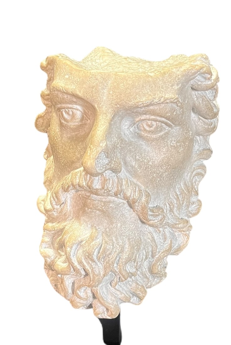 GREEK STYLE HEAD SCULPTURE ON IRON STAND: GREEK STYLE HEAD SCULPTURE ON IRON STAND. Height: 9 in. by Width: 6 in. by Depth: 4 in.