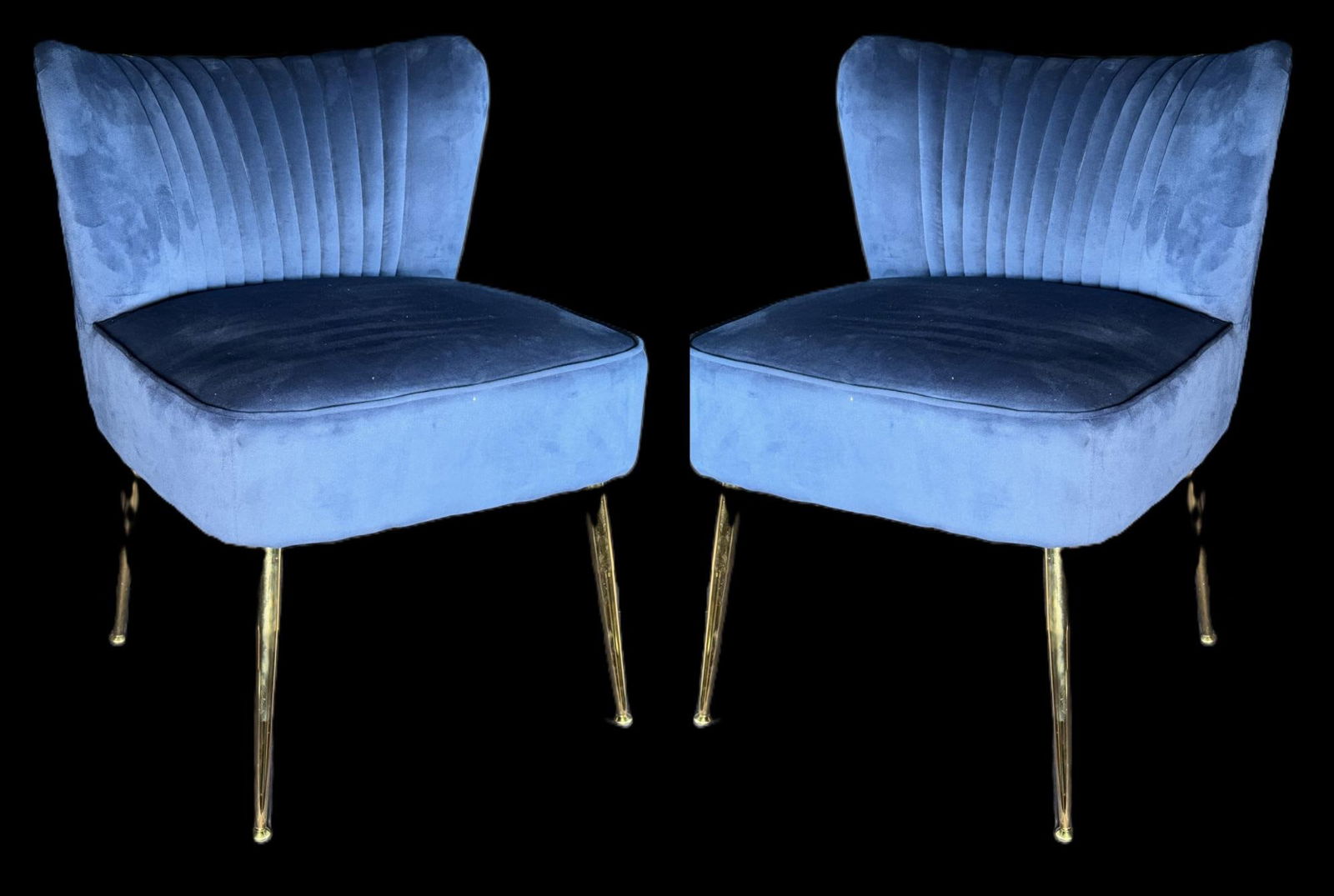 THREE BLUE VELVET CHAIRS: THREE BLUE VELVET CHAIRS ( 1 HAS A SMALL TEAR) Height: 32 in. by Width: 25 in. by Depth: 26 IN