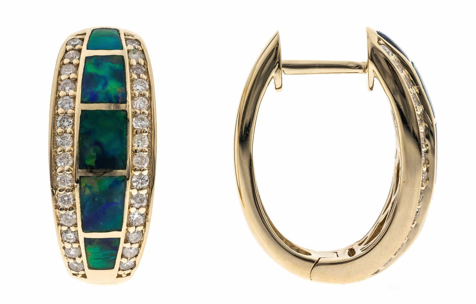 14KT YELLOW GOLD INLAID OPAL & DIAMOND EARRINGS: 14KT YELLOW GOLD INLAID OPAL & DIAMOND EARRINGS. 10-INLAID OPAL=0.01CTS, 56-DIAMONDS =0.42CTS. 6.45 GRAMS T.W. GJ19220E E2510622 (105) Height: 3/4 in. by Width: 5/16 in. by Depth: 5/8 in.