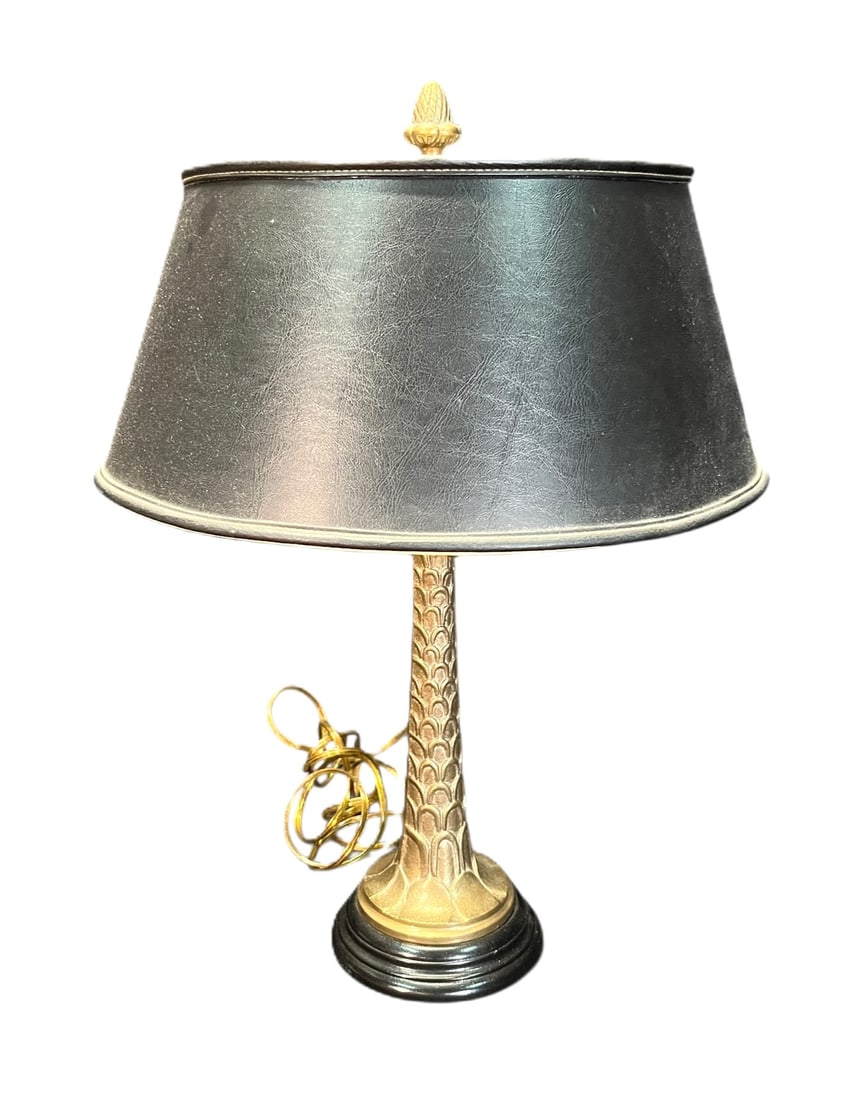 VINTAGE BRASS PALM TREE LAMP: VINTAGE BRASS PALM TREE LAMP. INCLUDES BLACK SHADE Height: 20 in. by Width: 6 in. by Depth: 6 in.