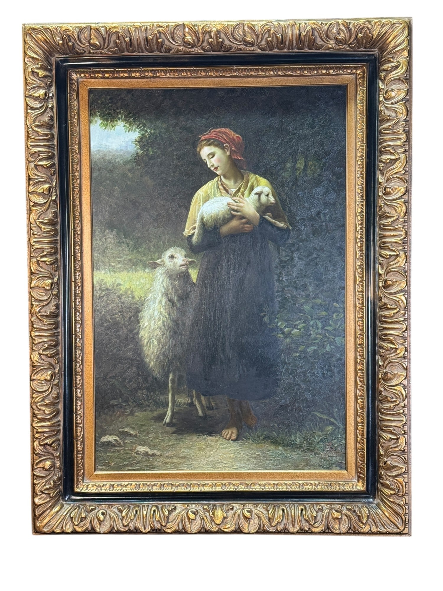 ANTIQUE LADY & LAMBS OIL ON CANVAS PAINTING (1 of 4)