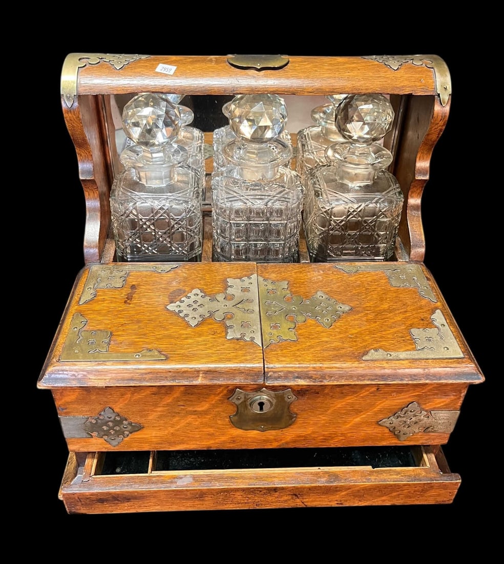 VINTAGE ENGLISH VICTORIAN OAK TANALUS, 3 DECANTERS (1 of 3)