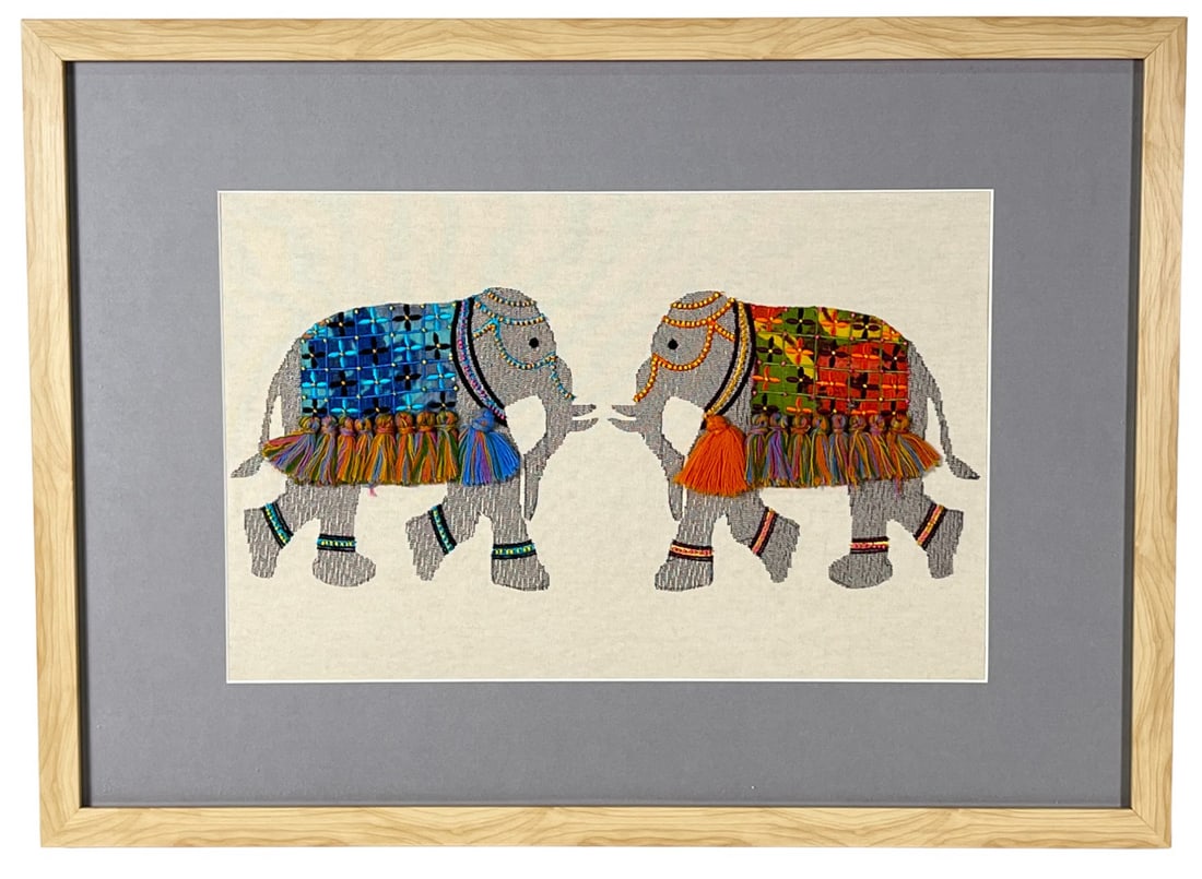 FRAMED WOVEN ELEPHANTS WITH FRINGE (1 of 4)