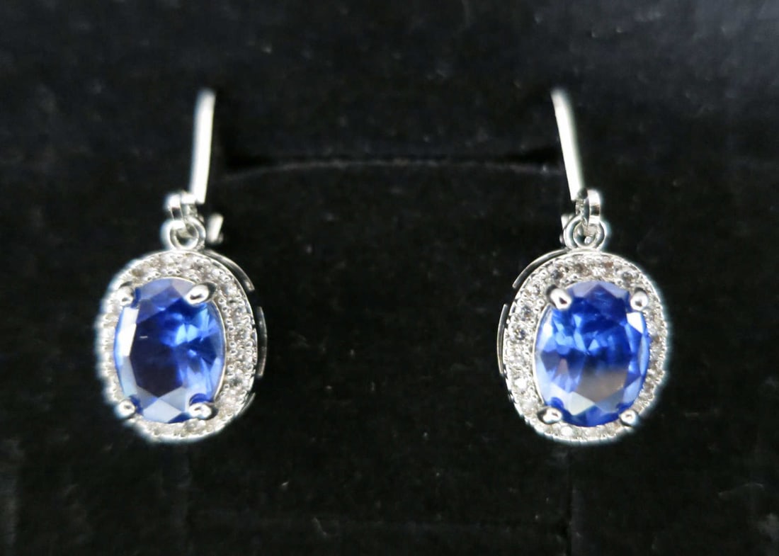 PAIR OF BLUE, WHITE LAB SAPPHIRE STERLING EARRING (1 of 2)